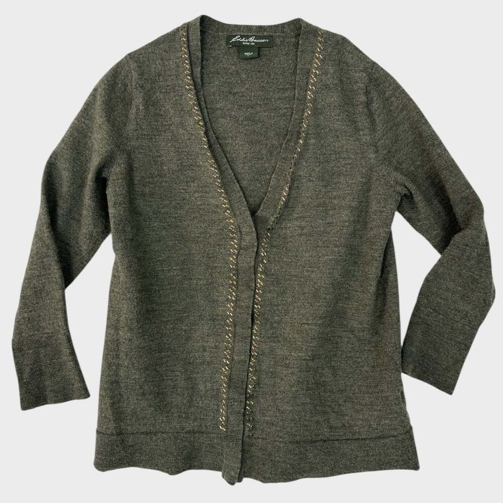 Eddie Bauer Large V Neck Green 100% Merino Wool Cardigan Sweater Shrunk
